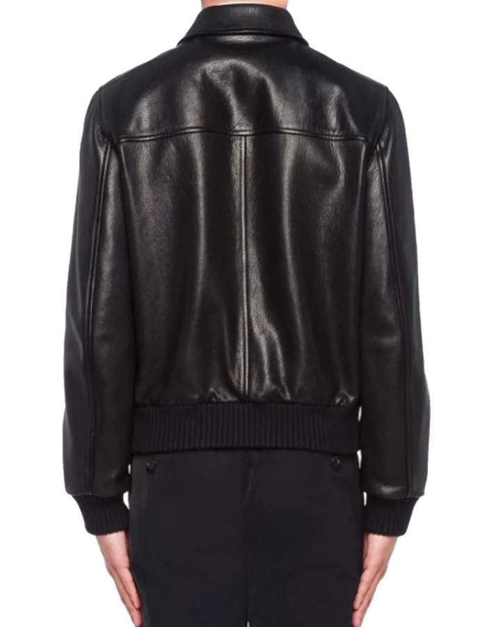 Men’s Black Elasticated Bomber Leather Jacket