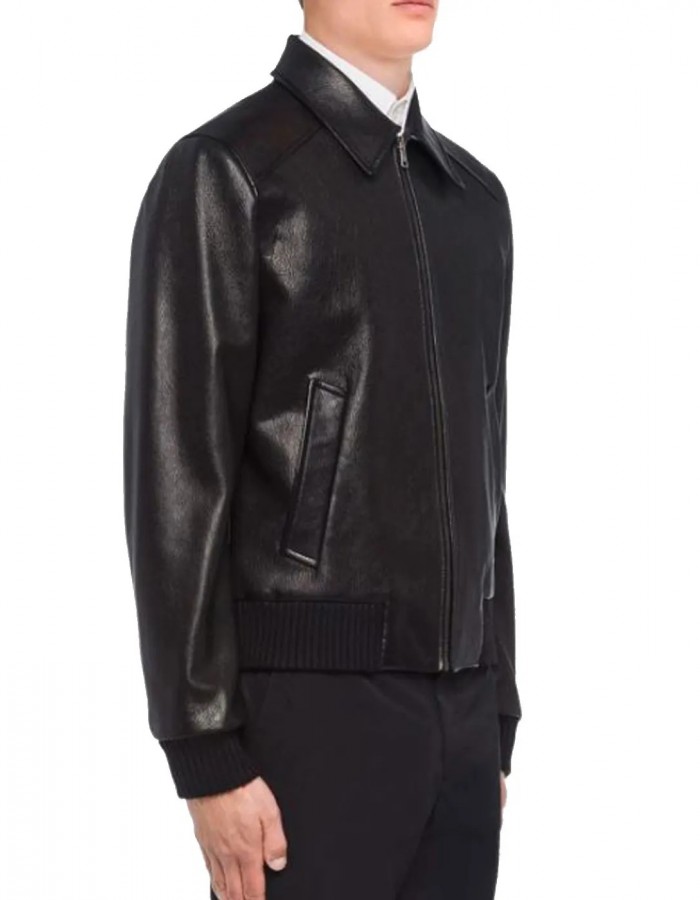 Men’s Black Elasticated Bomber Leather Jacket