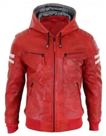 Men’s Bomber Red Leather Biker Hooded