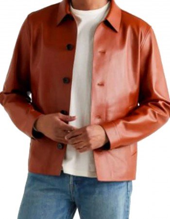 Men’s Brown Leather Blouson Jacket with Shirt Collar