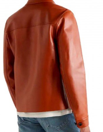 Men’s Brown Leather Blouson Jacket with Shirt Collar