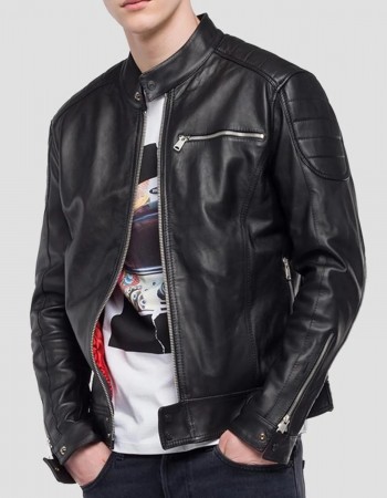 Men’s Crust Motorcycle Leather Jacket with Zipper Pockets