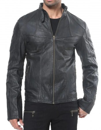 Men’s Designer Black Lambskin Leather Jacket with Front Pockets and Studs