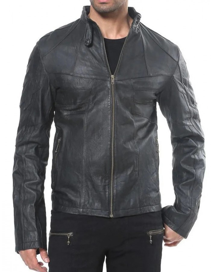 Men’s Designer Black Lambskin Leather Jacket with Front Pockets and Studs Men’s Designer Black Lambskin Leather Jacket with Front Pockets and Studs
