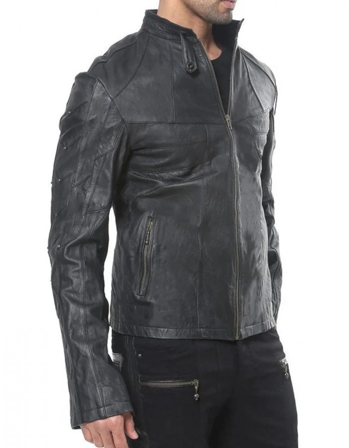 Men’s Designer Black Lambskin Leather Jacket with Front Pockets and Studs Men’s Designer Black Lambskin Leather Jacket with Front Pockets and Studs