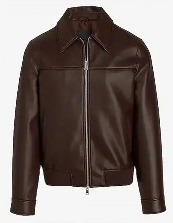 Men’s Faux Leather Jacket with Brown Shirt Collar