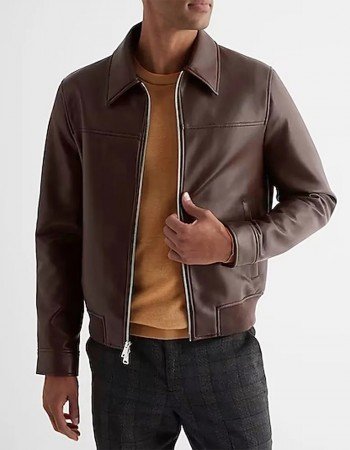 Men’s Faux Leather Jacket with Brown Shirt Collar Men’s Faux Leather Jacket with Brown Shirt Collar