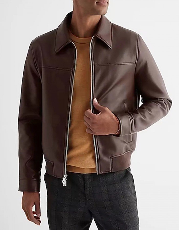 Men’s Faux Leather Jacket with Brown Shirt Collar