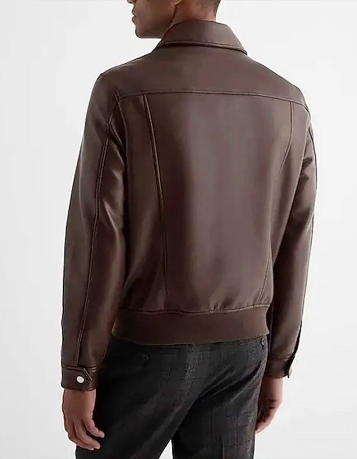 Men’s Faux Leather Jacket with Brown Shirt Collar