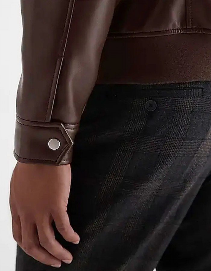 Men’s Faux Leather Jacket with Brown Shirt Collar