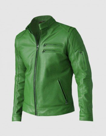 Men’s Green Leather Jacket - Regular Fit for Party Wear