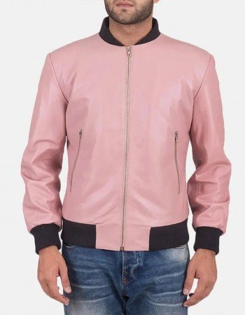 Men’s Pink Leather Bomber Jacket