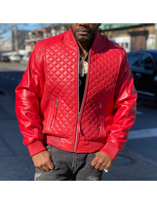 Men’s Red Quilted Bomber Leather Jacket