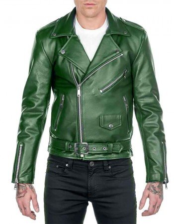 Men’s Shinny Green Leather Biker Jacket