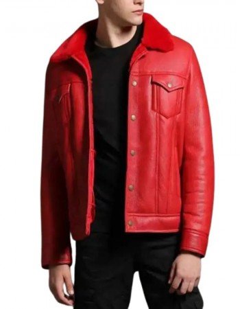 Men’s Trucker Red Shearling Leather Jacket