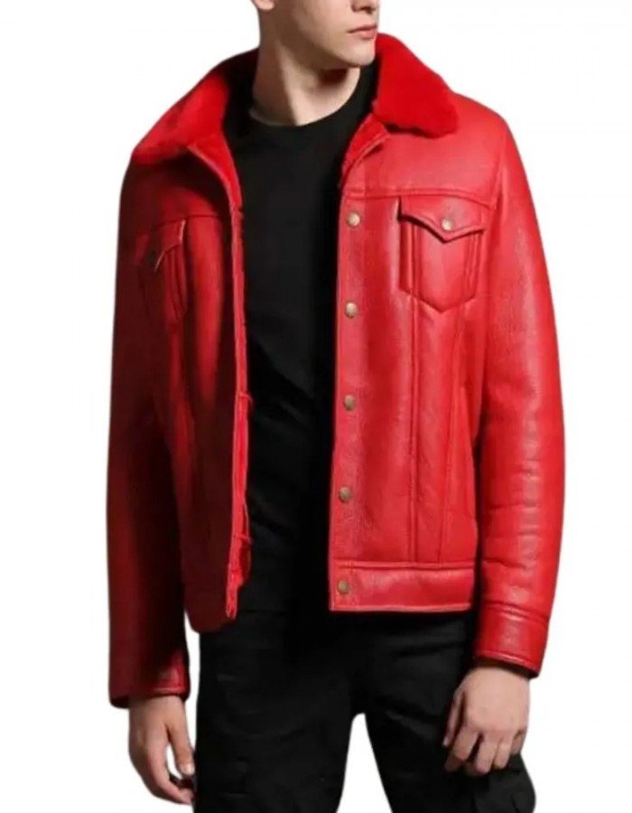 Men’s Trucker Red Shearling Leather Jacket Men’s Trucker Red Shearling Leather Jacket