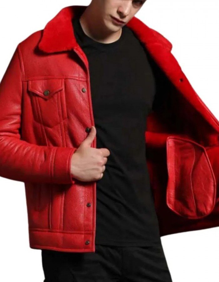 Men’s Trucker Red Shearling Leather Jacket Men’s Trucker Red Shearling Leather Jacket
