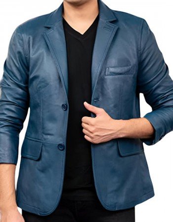 Mens Blue Real Leather Coat