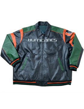 Miami Hurricanes Black and Green Full-Zip Leather Jacket