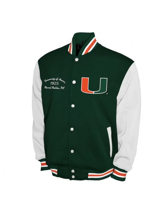 Miami Hurricanes Fleece Green and White Varsity Jacket Miami Hurricanes Fleece Green and White Varsity Jacket