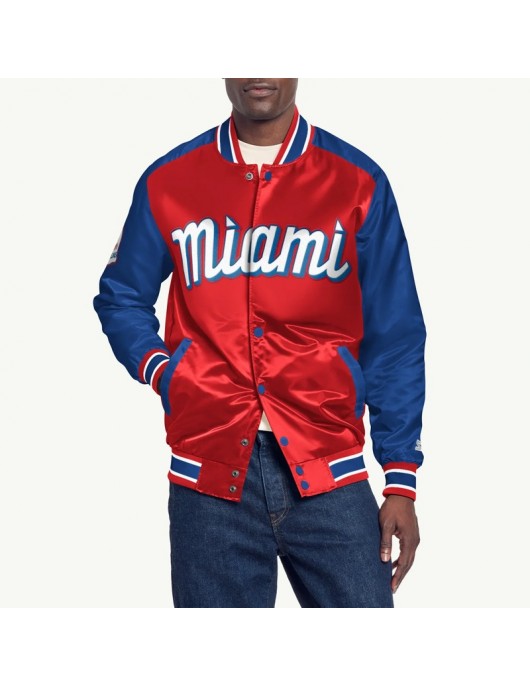 Miami Marlins Red and Blue Varsity Satin Jacket