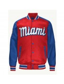 Miami Marlins Red and Blue Varsity Satin Jacket Miami Marlins Red and Blue Varsity Satin Jacket