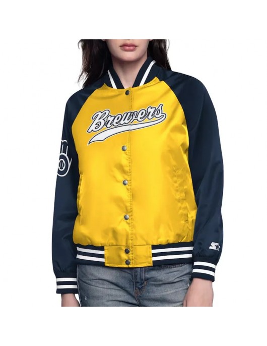 Milwaukee Brewers Home Run Gold/Navy Varsity Full-Snap Satin Jacket