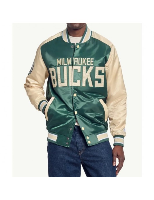 Milwaukee Bucks Green and Cream Varsity Satin Jacket