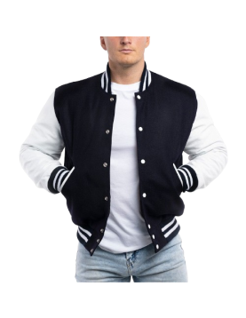 Navy Blue Wool Body &amp; Bright White Leather Sleeves Letterman Jacket