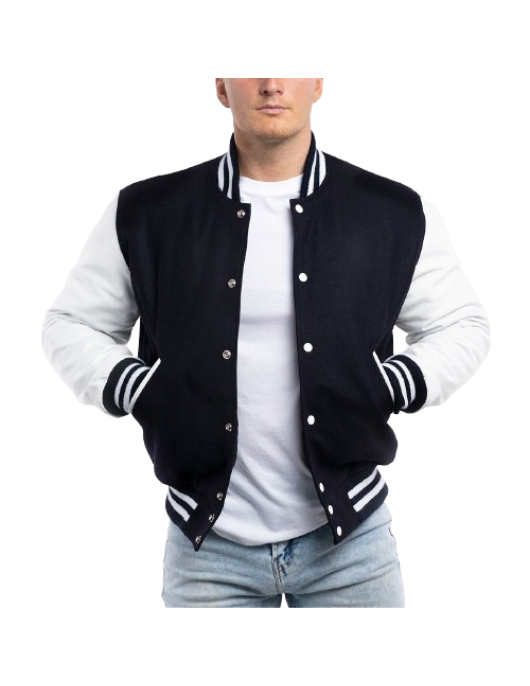 Navy Blue Wool Body & Bright White Leather Sleeves Letterman Jacket