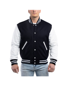 Navy Blue Wool Body &amp; Bright White Leather Sleeves Letterman Jacket