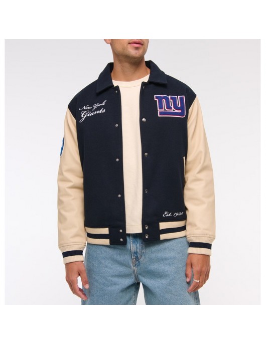 NY Giants Navy and Eggshell Varsity Bomber Jacket NY Giants Navy and Eggshell Varsity Bomber Jacket