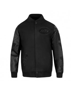 NY Jets Triple Black Varsity Wool and Leather Jacket 