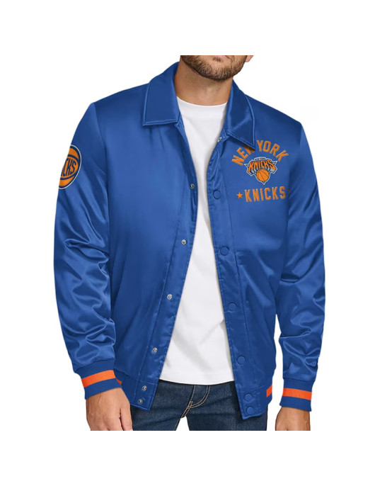 NY Knicks Stitch Applique Blue Satin Jacket