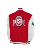 Ohio State Buckeyes Fleece Scarlet and White Varsity Jacket Ohio State Buckeyes Fleece Scarlet and White Varsity Jacket