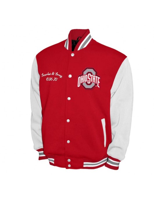 Ohio State Buckeyes Fleece Scarlet and White Varsity Jacket Ohio State Buckeyes Fleece Scarlet and White Varsity Jacket