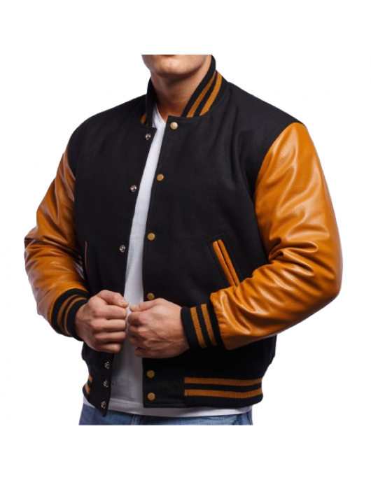 Old Gold Genuine Leather & Black Wool Varsity Letterman Jacket