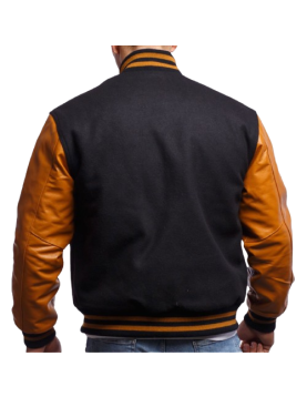 Old Gold Genuine Leather &amp; Black Wool Varsity Letterman Jacket