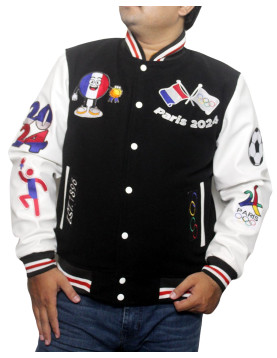 Paris 2024 France Olympics Black Wool White Leather Varsity Jacket 