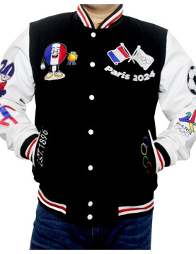 Paris 2024 France Olympics Black Wool White Leather Varsity Jacket 