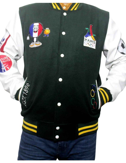 Paris 2024 France Olympics Green Wool White Leather Varsity Jacket