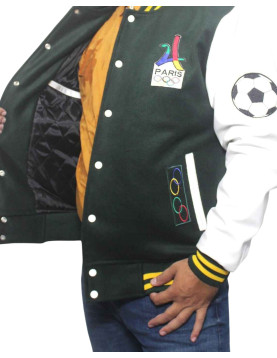 Paris 2024 France Olympics Green Wool White Leather Varsity Jacket