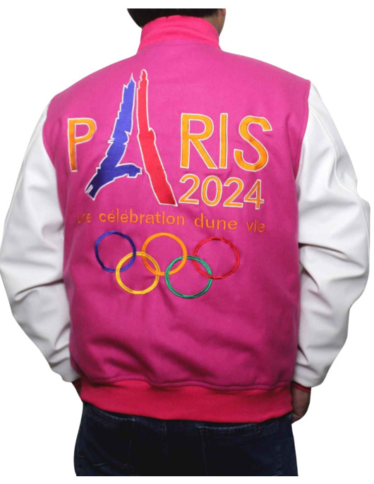 Paris 2024 France Olympics Pink Wool White Leather Varsity jacket
