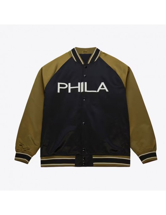 Philadelphia 76ers Black/Olive Satin Double Clutch Jacket Philadelphia 76ers Black/Olive Satin Double Clutch Jacket