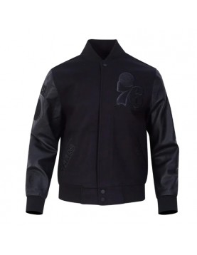 Philadelphia 76ers Triple Black Varsity Jacket Wool and Leather 