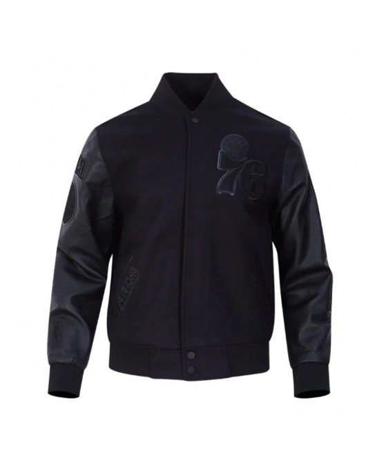 Philadelphia 76ers Triple Black Varsity Jacket Wool and Leather