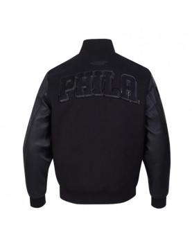 Philadelphia 76ers Triple Black Varsity Jacket Wool and Leather 