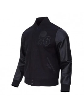 Philadelphia 76ers Triple Black Varsity Jacket Wool and Leather 