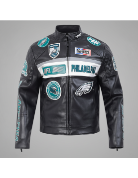 Philadelphia Eagles Men's Black Leather Moto Racing Jacket