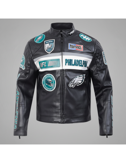 Philadelphia Eagles Men's Black Leather Moto Racing Jacket